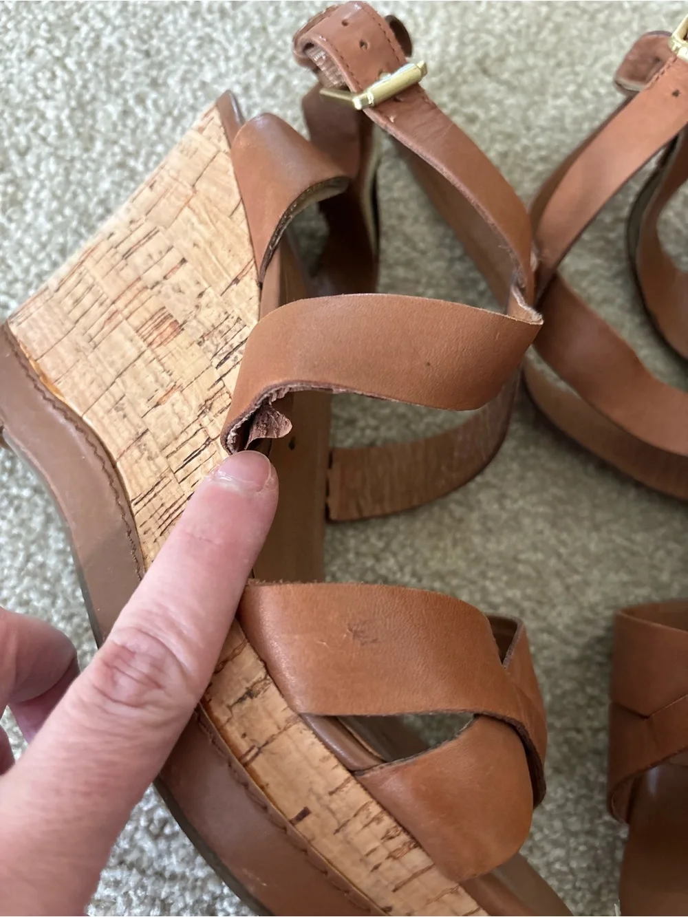 Franco Sarto Cognac Brown Leather Crisscross Wedge Sandals